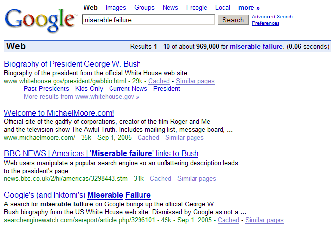 Google bomb search result for Miserable Failure