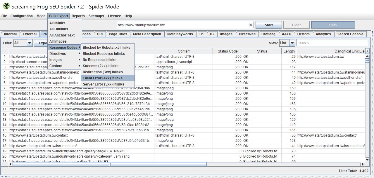 screaming frog export 404 pages and inlinks