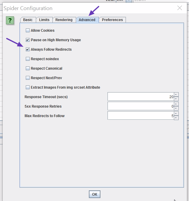 screaming frog follow redirects configuration