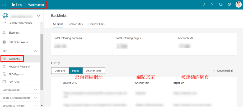 Bing站長工具所提供的反向連結資料