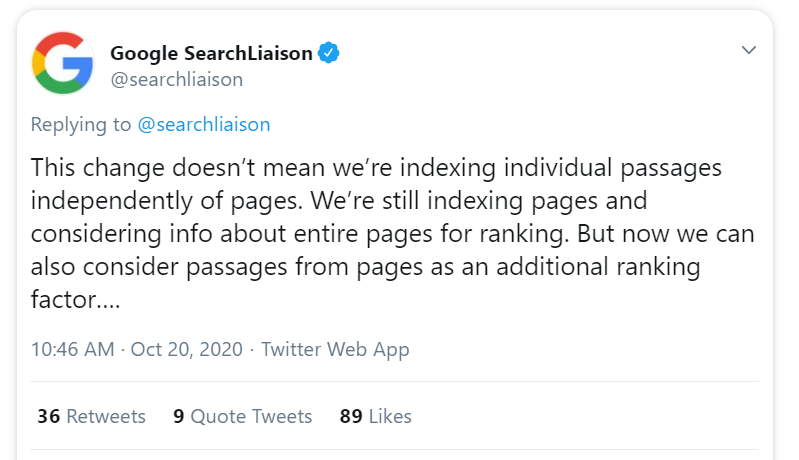 Danny Sullivan clarifies that passage retrieval does not change how Google indexes websites